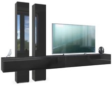 Wohnwand Anbauwand Hängeschrank Moja in Schwarz matt - Hochglanz & Naturtöne