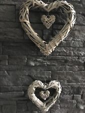 Deko Set  - 2 Shabby / Hänge -  Rattan - Weiden - Herzen grau / braun 