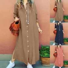 Damen Knopf Kragen Maxikleid