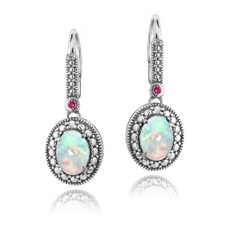 925 Silber Diamant Akzent Künstlicher Weißer Opal & Rosa Saphir Oval Ohrringe