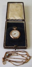 Antike schöne 333 Gold Damen Taschenuhr mit Halskette im Etui um 1900 (8)
