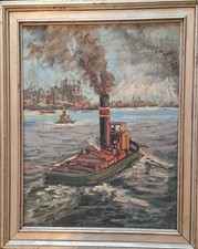 Gemälde, Dampfer im Hafen