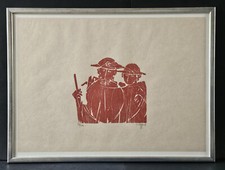 Pilger Bild gerahmt Holzdruck Detlef Willand mit Frau Hanne, Original 41x56cm,