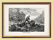 JAGDBILD WILDSCHÜTZEN IN DEN ALPEN BAYERN FLUSS ROTWILD FAKSIMILE 492 im RAHMEN