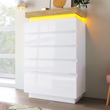 Hochglanz Sideboard Kommode mit 6 Schubladen, LED Beleuchtung App Control Weiß