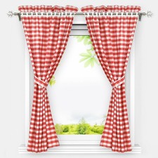 2er Set Vorhangschals Karo-Muster Landhausstil Gardinen Stores mit Raffhalter