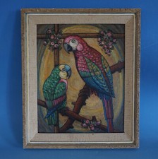 FM22-786: Schönes Gemälde Mischtechnik Papageien Sittiche Vögel wohl 60er 