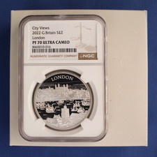 2022 Silber PP 1oz £2 Münze "City Views - London" NGC PF70 mit Etui & COA