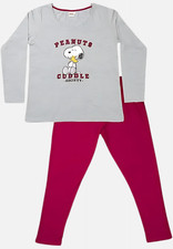 The Peanuts Snoopy Schlafanzug für Damen - Pyjama Set Lang Grau/Rot