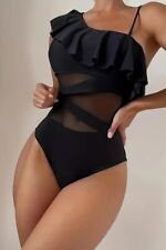 Eleganter einfarbiger One-Shoulder-Mesh-Badeanzug, Gr. M (38)
