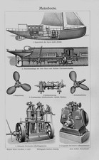 Motorboote Technik Schifffahrt Sport Jacht Bootsmotor  Holzstich von 1906 