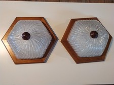 Vintage 2x Deckenlampe Leuchte Plafoniere Eisglas Holz Sechseckig 