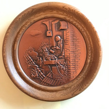 Kupferrelief Bild  , beim Blumengiesen , Kupferstich ,antik , Holzrahmen D=19 cm