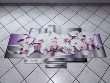 5-teiliges Wandbild Orchideen auf Silber-Lila Hintergrund – moderne Deko