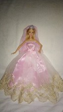 Barbie Kleid Rosa Puppen Hochzeitskleid Prinzessin Brautkleid Schleier Krone K44