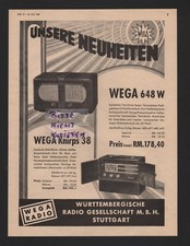 STUTTGART, Werbung 1938, Württembergische Radio GmbH Wega Radio