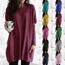 Damen Langarm Longshirt Freizeit Hemd Pulloverkleid Baggy Bluse Tunika Oberteile
