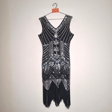 Pailletten Kleid groß schwarz silber 20er Jahre Stil Flapper Quaste gefüttert Weihnachten Party