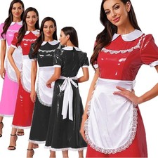 DE Damen Französische Dienstmädchen Kostüm Halloween Kleid Lackleder Maid Outfit