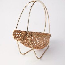 Vintage Flaschenhalter mit Messing-Griff Rattan Korb 60 er Jahre Weinflaschen