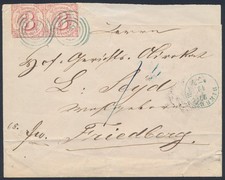 Thurn & Taxis 42 Paar mit blauem Stpl. 166 Biebrich auf Couvert (2)