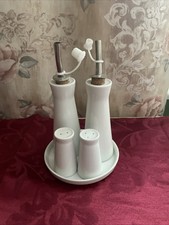 Menage Set Schwarz Weiß - Salz, Pfeffer, Öl, Essig, Dosierer, Steingut Keramik