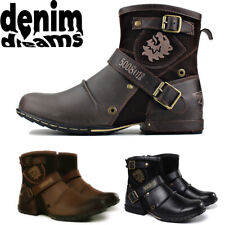 Herren Bequem Motorrad Cowboystiefel Männer Arbeit Rund Zehenriemen Biker Stiefel UK