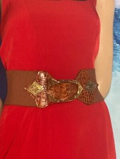 Statement Gürtel Leder Gummi braun Kroko Optik Metall  80-110 cm Breite 9 cm