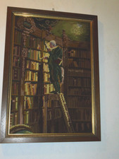 Altes Gobelin- Stickbild Groß 55x40cm Bücherei Handarbeit Holz- Rahmen Goldrand