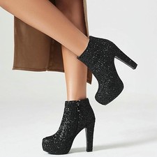 EUR41 Damen Blockabsatz High Heels Stiefeletten m. Glitzer Reißverschluss Schuhe