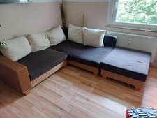 Couch, Ecksofa Gebraucht, Dunkelbraun Mit Rattan Und Hocker