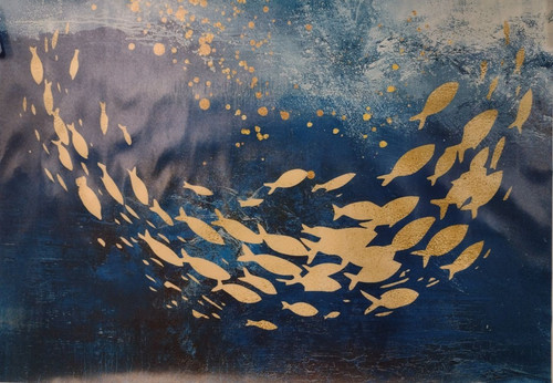 Goldener fischschwarm blau - goldener,