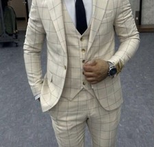 Slim Fit Herrenanzug mit Weste Kariert Rot, Blau, Gelb, Beige -Anzug-Bühne-Sakko