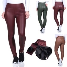 Lederoptik Leggings Damen gefüttert Softfleece Thermoleggings Lederimitat 36-42