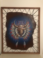 Gemälde Ölbild Leder Stierkopf Bullenkopf Indianer Handarbeit Vintage Handgemalt