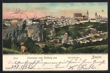 Ansichtskarte Znaim, Ortspanorama mit Burg u. Nikolaikirche vom Kuhberg aus 190 