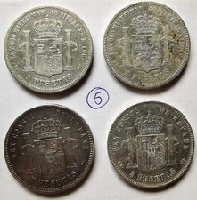 4x 5 Pesetas Silbermünzen Spanien 1871-1888 Amadeo I Alfonso XII & XIII (5)