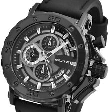 Herrenuhr Armbanduhr Schwarz Silber Chronograph Datum Kunstleder 2900196 ELITE