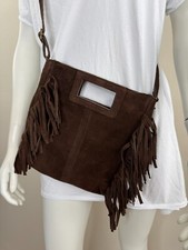 100%Leder schoko braun Wildleder Crossbody Tasche Fransen 22x25x4 Gurt