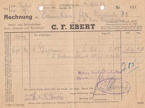 Chemnitz rechnung 1949 - rechnung, f