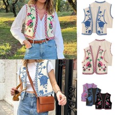 Damen Boho Vintage Floral Weste Mantel Stickerei.Weste.Kurze Cardigan Jacke Tops