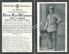 Foto WK I Sterbebild gefallener Soldat Karl Wimmer †1918 Frankreich EK 2 E1.41