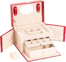 Damenschachtel, PU-Leder, Medium Juwelierlocker mit Schloss 3 Ebenen, Rot