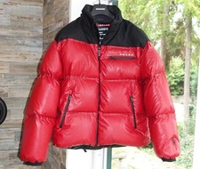PRADA JACKET M logo down winter red stripe black puffer padded
