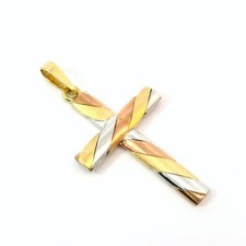 Kreuzanhänger tricolor mit Muster teilmattiert, Gelb-/Weiß-/Rotgold 585 14 KT