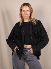 Zara Jeansjacke mit Fransen und Strass Schwarz L