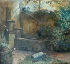 Aquarell: Hinterhof, 19. Jhdt. Brunnen, Wasserpumpe, E (mile) Umpfenbach