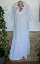 Italy Midi Kleid Leinen Leger Flott Kapuze Taschen Insein Ibiza Weiß EG 42-44