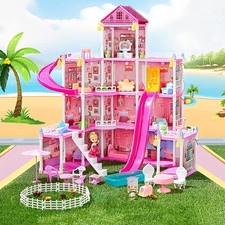 XXL Puppenhaus mit Möbeln & LED Licht – 4 Etagen Rosa 89 cm Großes Pupp