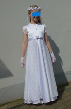 Kommunion Set Kommunionkleid Satin Spitze 2x Bolero Haarschmuck weiß 140 TOP